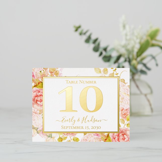 Gold Foil Floral Pink Gold Wedding Tischnummer (Stehend vorne)