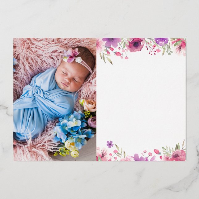 Gold Foil Floral Vielen Dank Foto Baby Ankündigung (Vorderseite)