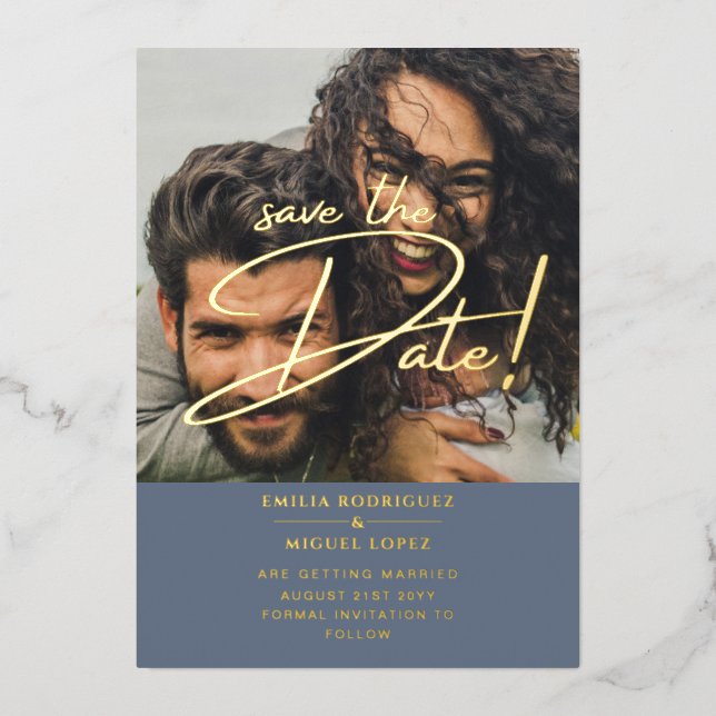 GOLD Foil Foto Overlay Blue Rett Date Wedding Folieneinladung (Vorderseite)