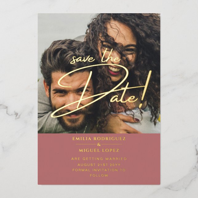 GOLD Foil Foto Overlay Rose Rett Date Wedding Folieneinladung (Vorderseite)