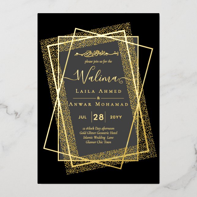 GOLD FOIL Frame Text Nikah Walima Islamische Hochz Folieneinladung (Vorderseite)