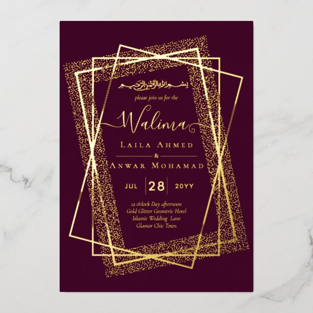 GOLD FOIL Frame Text Nikah Walima Islamische Hochz Folieneinladung (Vorderseite)