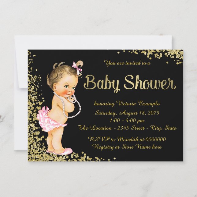 Gold Foil Glitzer Girl Baby Dusche Einladung (Vorderseite)
