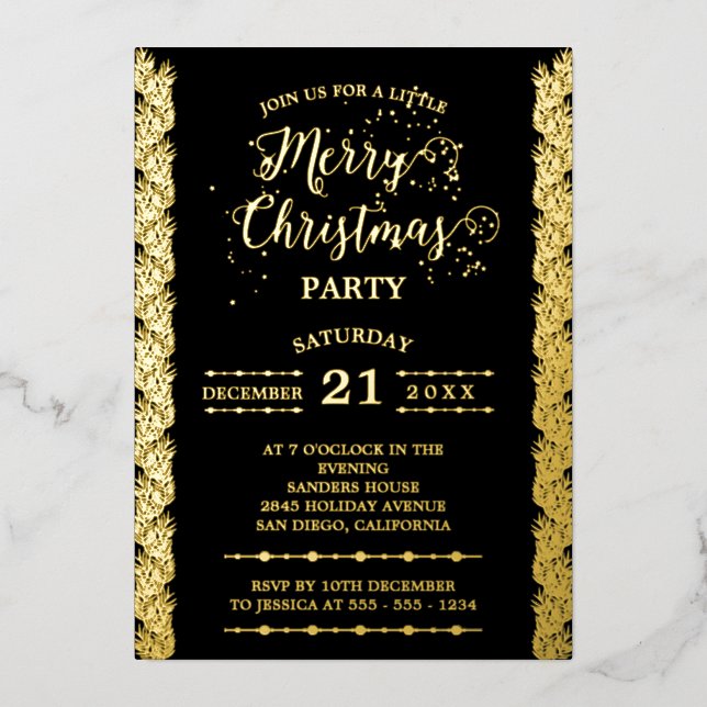 Gold Foil Glitzern Frohe Weihnachts Party Black Folieneinladung (Vorderseite)