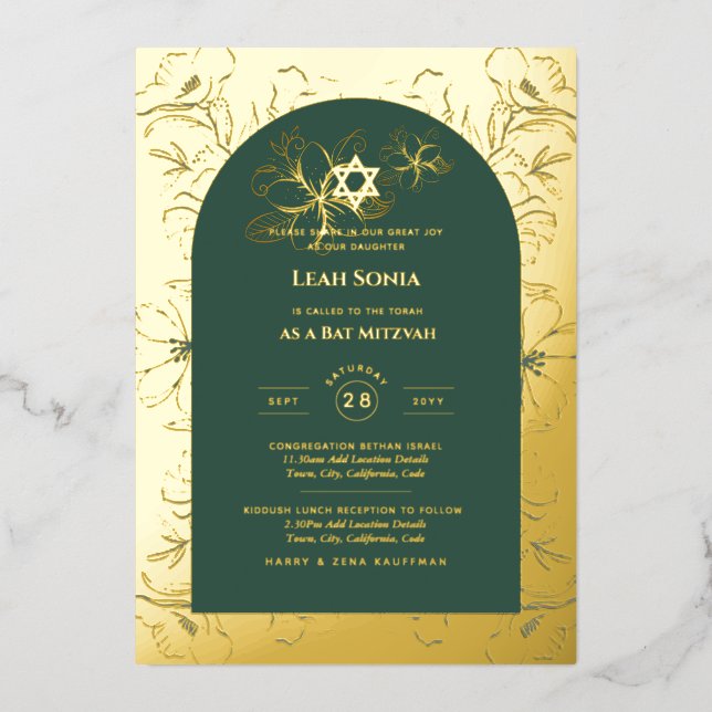 GOLD FOIL Green Bat Mitzvah Formal Floral Folieneinladung (Vorderseite)