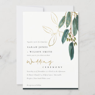 GOLD FOIL GREEN EUCALYPTUS FOLIAGE WEDING INVITE DANKESKARTE