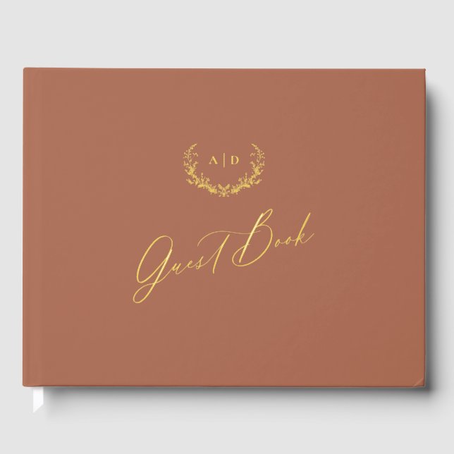 Gold Foil Guest Book Terracotta Monogram Wedding Gästebuch (Vorderseite)