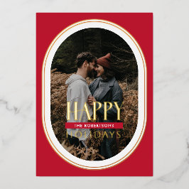 Gold Foil Happy Holidays Red Oval Frame Foto Card Folien Feiertagskarte