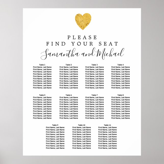 Gold Foil Heart 11-Tisch Hochzeitskarte Poster (Vorne)
