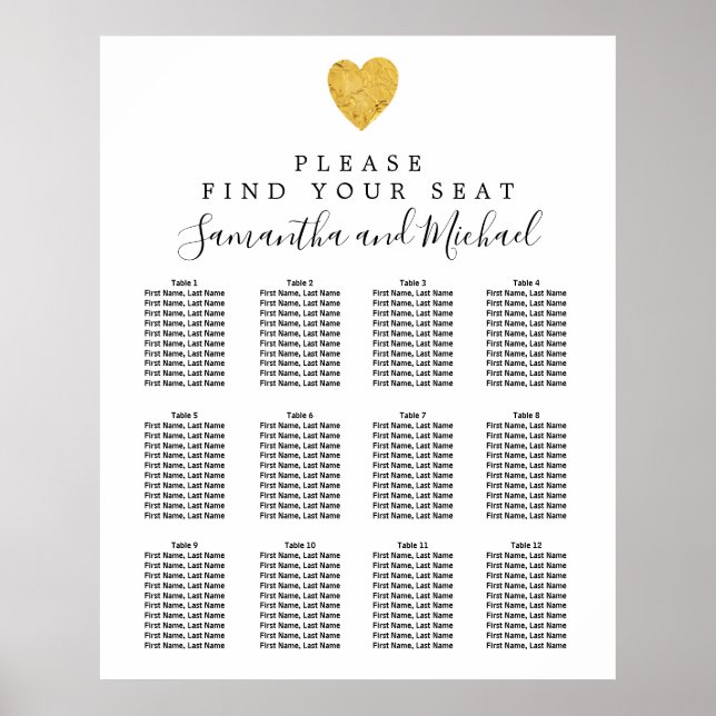 Gold Foil Heart 12-Tisch Hochzeitskarte Poster (Vorne)