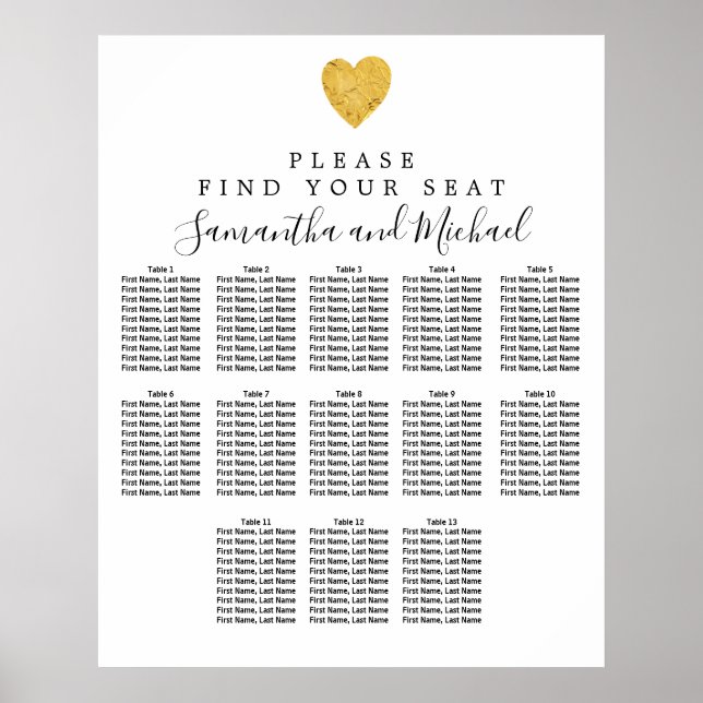 Gold Foil Heart 13-Tisch Hochzeitskarte Poster (Vorne)