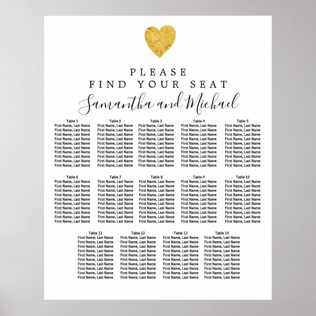 Gold Foil Heart 14-Tisch Hochzeitskarte Poster (Vorne)