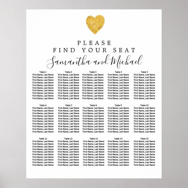 Gold Foil Heart 15-Tisch Hochzeitskarte Poster (Vorne)