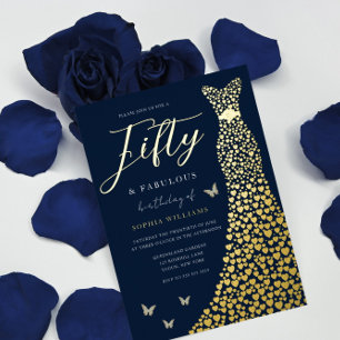 Gold Foil Heart Gown mit Navy 50. Geburtstagsparty Folieneinladung