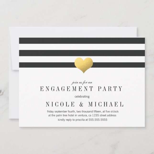 Gold Foil Heart + Stripes Engagement Party Einladung (Vorderseite)
