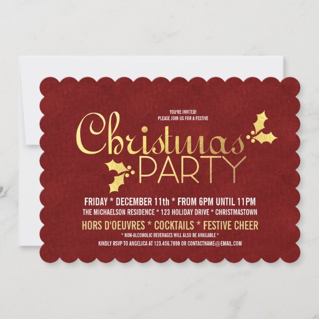 Gold Foil Holly Christmas Party Einladung (Vorderseite)