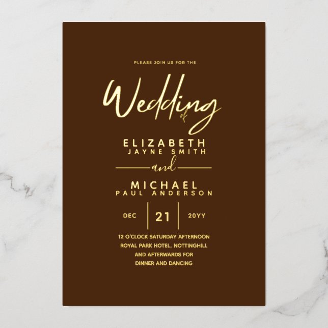 GOLD FOIL Hot Chocolate Modern All-in-1 Wedding Folieneinladung (Vorderseite)