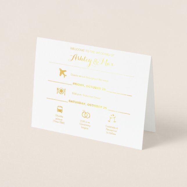 Gold Foil Icons Wedding Weekend Itinerary Card Folienkarte (Vorderseite)