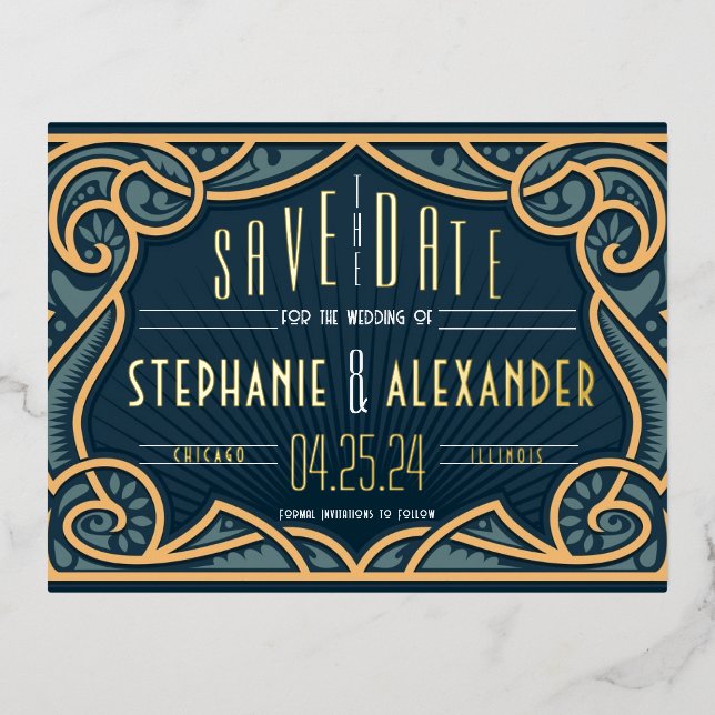 Gold Foil Jugendstil Save the Date Card Folie Einladungspostkarte (Vorderseite)