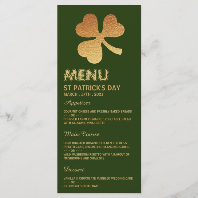 Gold Foil Kleeblatt, St Patrick's Day Menu Card Menükarte (Vorderseite)