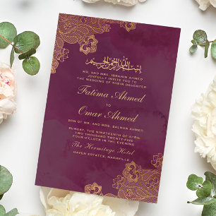Gold Foil Lace Burgundy Islamic Muslim Wedding Einladung