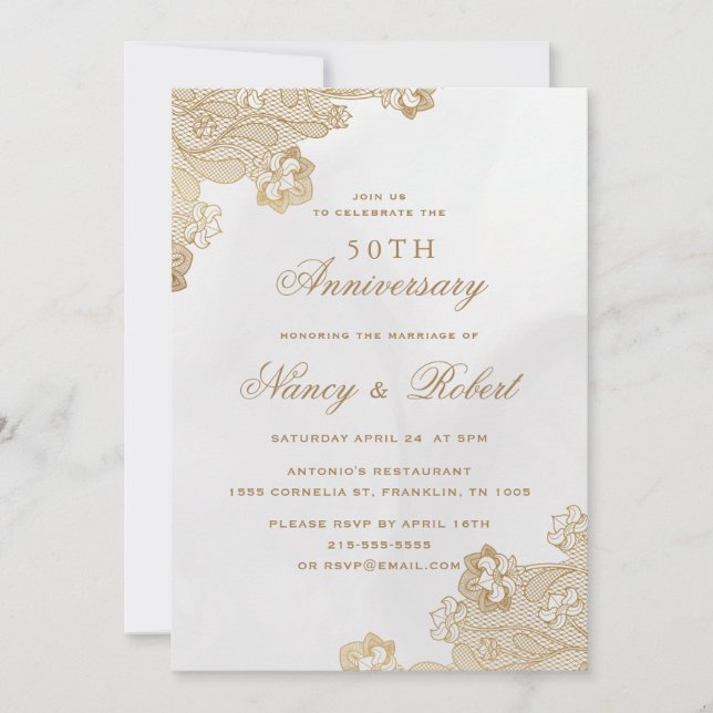 Gold Foil Lace Verziert 50. Hochzeitstag Einladung (Vorderseite)