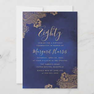 Gold Foil Lace Verziert Blue 80. Geburtstag Einladung
