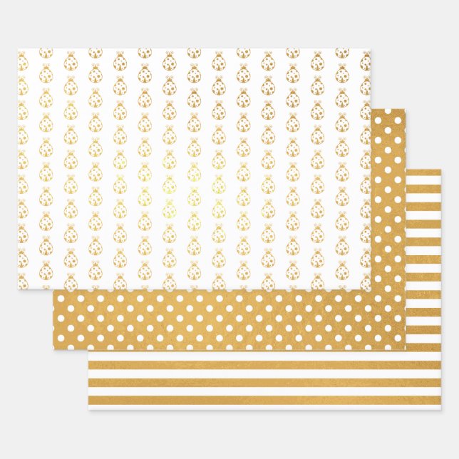 Gold Foil Lady Bugs Polka Dosen Streifen Folien Packpapier Blatt (Set)