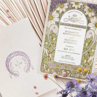 Gold Foil Lavender Daisies Wedding Art Nouveau Folieneinladung