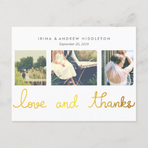 Gold Foil Liebe und dank Script drei Fotos Postkarte