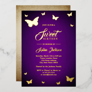 GOLD FOIL Lila Butterfly Sweet 16 Golden Folieneinladung