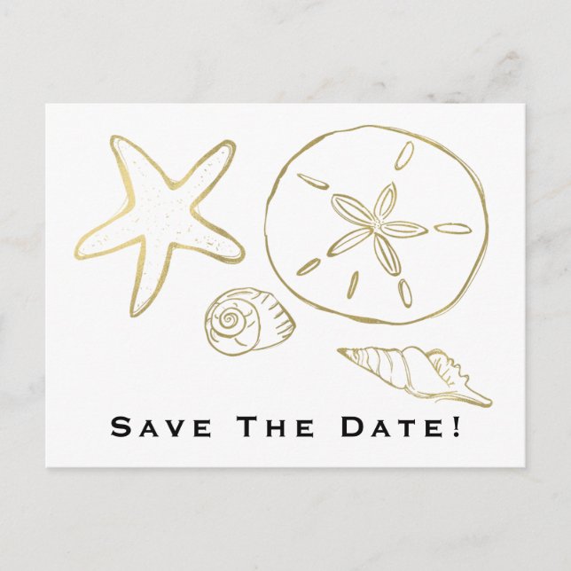 Gold Foil Look Muscheln Chic Beach Save the Date Postkarte (Vorderseite)