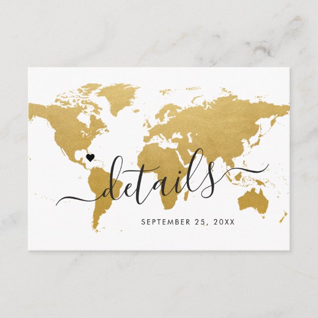 Gold Foil Look World Map Hotel Informationen Begleitkarte (Vorderseite)