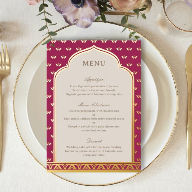 Gold Foil Lotus Blume Indian Wedding Menu Card Folieneinladung (Pink indian wedding reception menu, hindu wedding party menu, sangeet menu, mehndi menu, dholki menu)