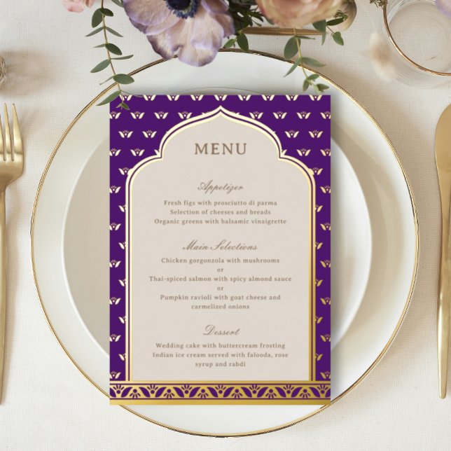 Gold Foil Lotus Blume Indian Wedding Menu Card Folieneinladung (Purple indian wedding reception menu, hindu wedding party menu, sangeet menu, mehndi menu, dholki)