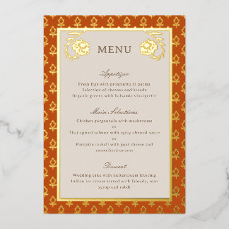 Gold Foil Marigold Blume Wedding Menu Card Folieneinladung