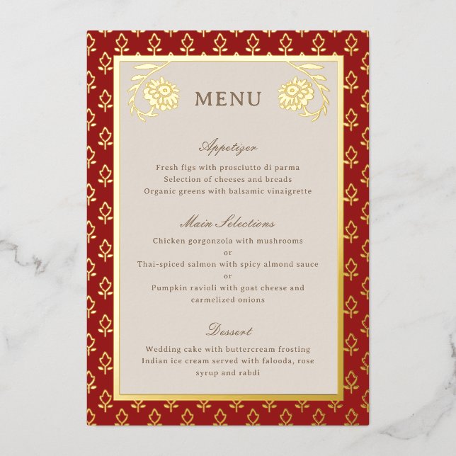 Gold Foil Marigold Blume Wedding Menu Card Folieneinladung (Vorderseite)