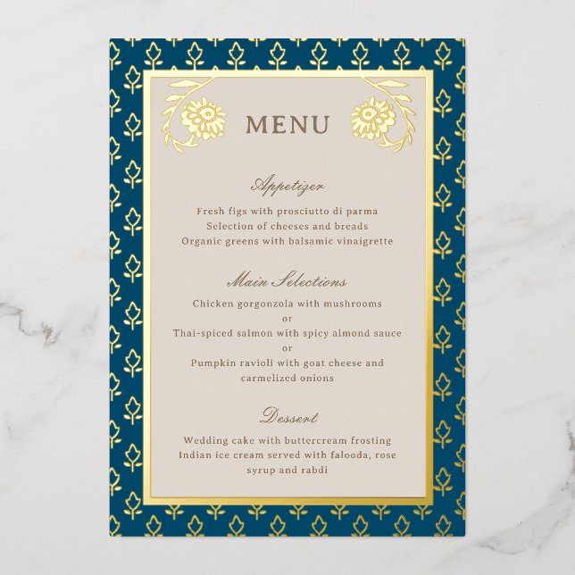 Gold Foil Marigold Blume Wedding Menu Card Folieneinladung (Vorderseite)