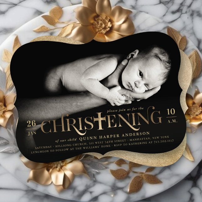Gold Foil Modern Bold Cross Christening Religious Einladung (Faux Gold Foil Modern Classic Bold Cross Stylish Christening Photo Invitation @ fat_fa_tin)