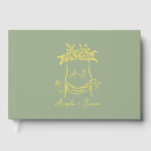 Gold Foil Monogram Sage Green Wedding Guest Book Gästebuch (Vorderseite)