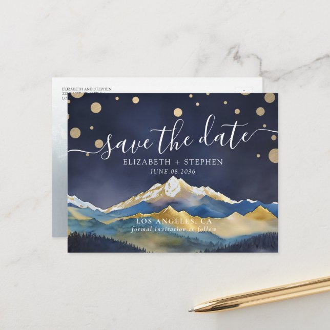 Gold Foil Mountains Hochzeitsszelt Save the Date F Ankündigungspostkarte (Vorderseite/Rückseite Beispiel)