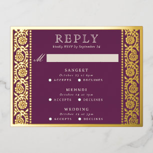 Gold Foil Multi Event Floral Wedding RSVP Card Folie Einladungspostkarte