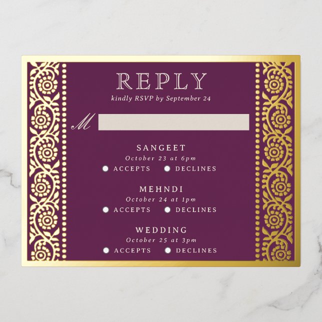 Gold Foil Multi Event Floral Wedding RSVP Card Folie Einladungspostkarte (Vorderseite)