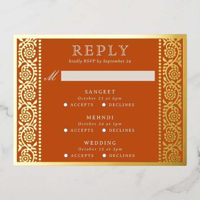 Gold Foil Multi Event Floral Wedding RSVP Card Folie Einladungspostkarte (Vorderseite)