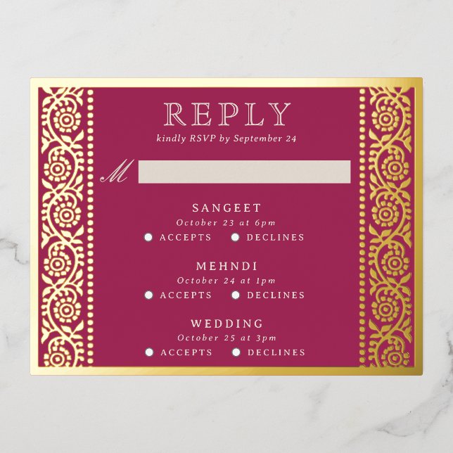 Gold Foil Multi Event Floral Wedding RSVP Card Folie Einladungspostkarte (Vorderseite)