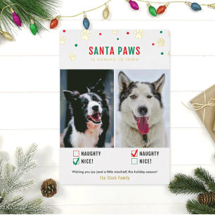 Gold Foil Naughty oder Nice Two Dog Foto Card Folien Feiertagskarte