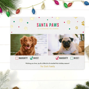 Gold Foil Naughty oder Nice Two Dog Foto Card Folien Feiertagskarte