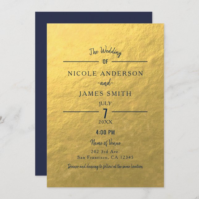 Gold Foil Navy Blue Minimal Clean Classic Wedding Einladung (Vorne/Hinten)