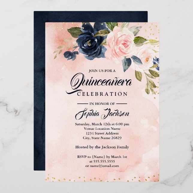 GOLD FOIL Navy Blush Pink Floral Quinceanera Folieneinladung (Vorderseite/Rückseite)