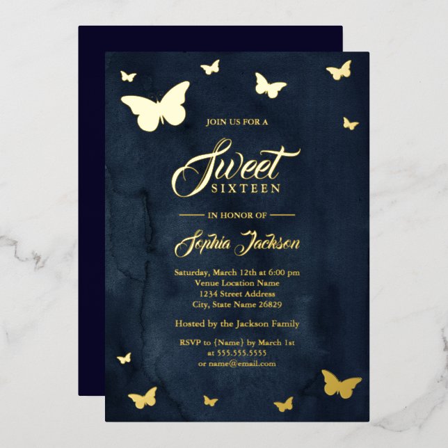 GOLD FOIL Navy Butterfly Sweet 16 Gold Folieneinladung (Vorderseite/Rückseite)